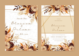 Brown beige and white modern wedding invitation template with flora and flower