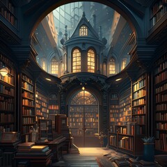 Fototapeta na wymiar Ancient fantasy Library atmospheric old large library with many books an old library interior with bookshelf, Illustration style