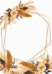 Brown beige and white wreath background invitation frame with flora and flower