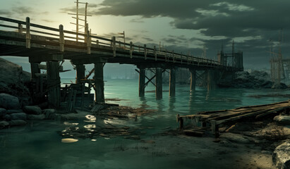 Naklejka premium Post apocalyptical game concept art. apocalyptic backdrops, dynamic brushwork, moody lighting, 