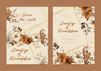 Brown and beige poppy modern wedding invitation template with flora and flower