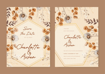 Fototapeta na wymiar Brown and beige luxury wedding invitation template with flora and flower