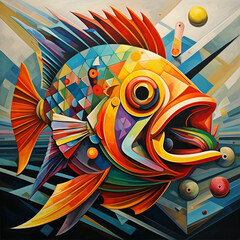 Oil painting of creative cubism and colorful angler fish.