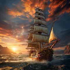 Wandaufkleber Generative AI Image of Ancient Sailboat Sailing on the Sea at Sunrise for Columbus Day © heartiny