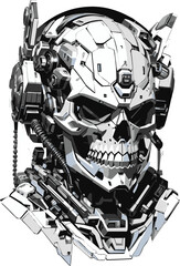 Monochrome Futuristic Robot Skull in Vector Art