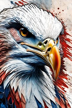 Digital Painting of an American bald eagle bird in red, white and blue colors.