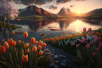 Landscape with mountains and tulips, lake