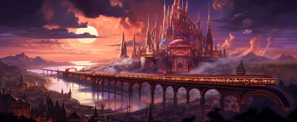 Fotobehang Fantasy landscape city withy a train in the front. Fantasy anime game art concept.  © Saulo Collado