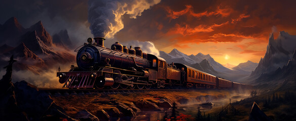 Steaming train on rail in background, in the style of fantasy art steampunk game concept. 
 - obrazy, fototapety, plakaty