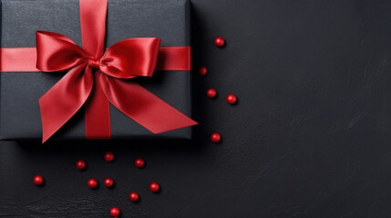 Black gift box with red ribbon on black background, top view.