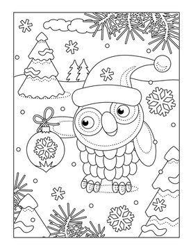 Owl wearing santa cap and holding christmas tree ornament. Winter holidays, New Year or Christmas joy coloring page.

