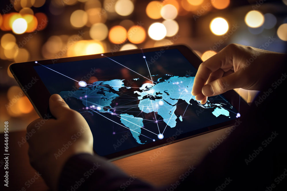 Poster businessman using tablet with global network connection concept.