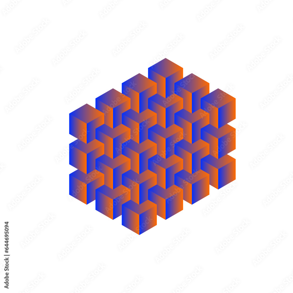 Poster 3d blue and orange gradient isometric cube blocks modular structure. vector illustration.