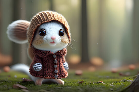 cute woolly knitted squrrel in forest