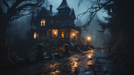 An illustration of a haunted house at the end of the street. Halloween. Trick or treat. Dark and spooky atmosphere. 