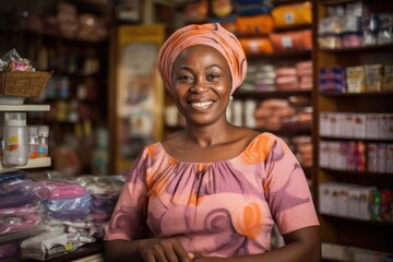 Smiling portrait of a happy middle aged female nigerian small business owner in her store or shop