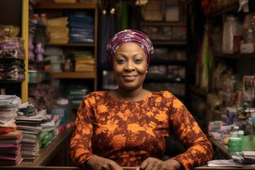 Smiling portrait of a happy middle aged female nigerian small business owner in her store or shop