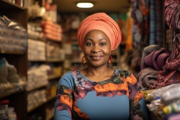 Smiling portrait of a happy middle aged female nigerian small business owner in her store or shop