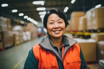 Smiling portrait of a happy female middle aged asian warehouse worker or manager working in a warehouse - obrazy, fototapety, plakaty