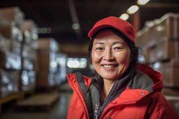 Smiling portrait of a happy female middle aged asian warehouse worker or manager working in a warehouse
