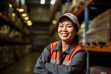 Obraz premium Smiling portrait of a happy female middle aged asian warehouse worker or manager working in a warehouse
