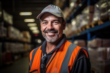 Smiling portrait of a hapyy middle aged warehouse worker or manager working in a warehouse