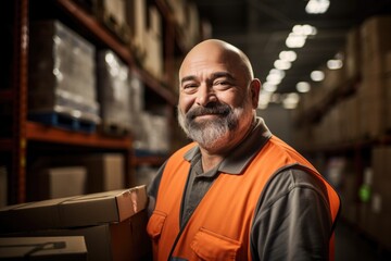 Fototapeta premium Smiling portrait of a hapyy middle aged warehouse worker or manager working in a warehouse