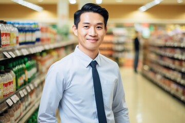 Young male asian supermarket manager or worker working in a supermarket or grocery store