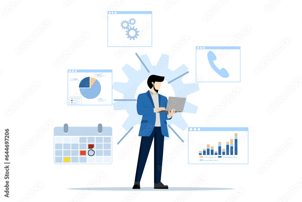 Poster business intelligence concept, intelligence dashboard, innovative solution with tiny people. abstrac