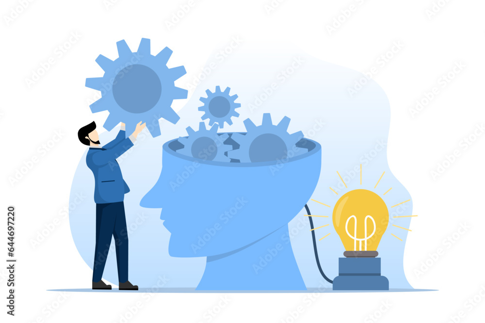Poster innovative solution concept with tiny people. business intelligence, intelligence dashboard, abstrac