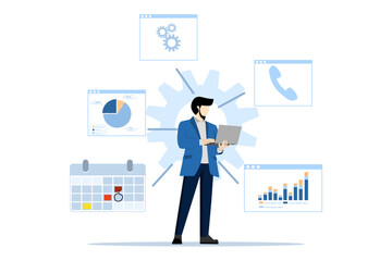business intelligence concept, intelligence dashboard, innovative solution with tiny people. abstract vector illustration of software solutions and performance tools. Data analysis, KPI metaphor.
