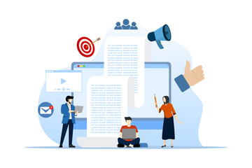 Blog concept. Bloggers create photo and video content, write new posts for social media networks. Influencer marketing. Published blog articles, digital content and promotion on social media.