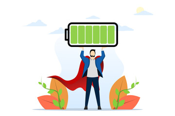 full battery recharge concept, full energy to work or refresh yourself from fatigue, fatigue recovery, productive and efficient, energetic businessman superhero carrying full rechargeable battery.