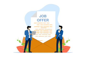 concept of job offer or job opportunity for promotion or new position for higher salary, recruitment, human resources, aspiring entrepreneur thinking about receiving job offer email envelope.