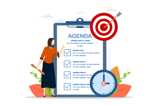 meeting agenda concept, priority of important tasks to discuss, goals to be completed, planner or checklist for office work, smart business woman holding meeting agenda writing pencil with clock.