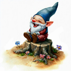 Retro style watercolor illustration of a cute Gnome laughing for children's book, greeting cards	