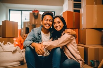 Couple unboxes possessions in their first home ownership. Generative AI. - obrazy, fototapety, plakaty
