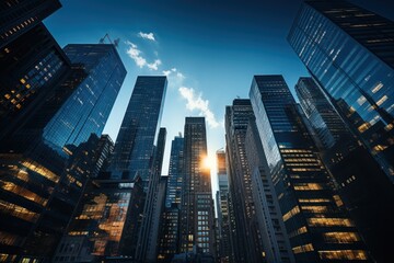 Fototapeta na wymiar Photograph of urban corporate skyscrapers shot from below towards a blue sky. Generative AI.