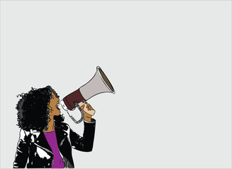 Women shouting through megaphone for making announcement or news. Expressing success and positive concept, idea for marketing or sales stock photo.