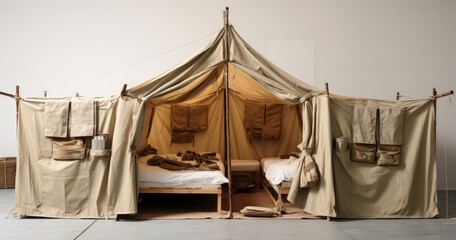 A modular medical survival tent, apocalyptical tent imagery. Post apocalyptical game concept art.