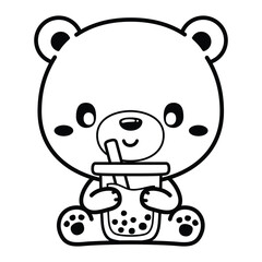 Kwaii Bear, Cute Animal. Black and white vector illustration for coloring book