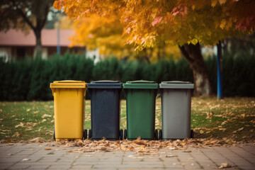 Four colored recycling bins in the yard, autumn