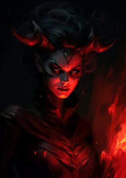 Illustration of a devil woman in dark bronze and crimson colors, detailed character illustration, female snark demon, in the style of digital painting.