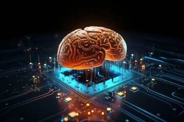 AI brain integrated with a motherboard, creating a neural network that emulates the human brain. This visual concept symbolizes the profound connection between AI and cognitive processes.