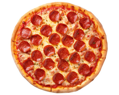 Whole pepperoni pizza isolated on transparent background, top view