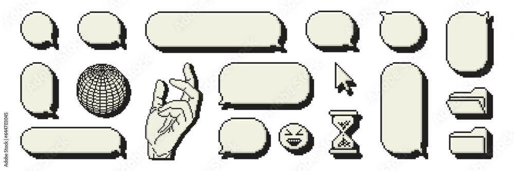 Poster pixel art dialogue box old computer aesthetics. speech bubbles in the mood of 90's game. vector 8-bi
