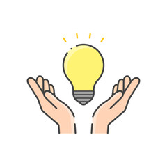 光っている電球と人の手のシンプルなアイコン -ひらめく･ 電気･エネルギーのイメージの素材