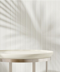 White round glossy pedestal side table podium, steel leg in sunlight, palm leaf shadow on wood...