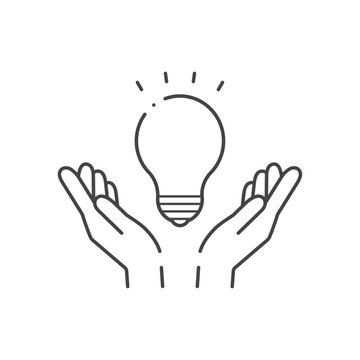 光っている電球と人の手のシンプルなアイコン -ひらめく･ 電気･エネルギーのイメージの素材