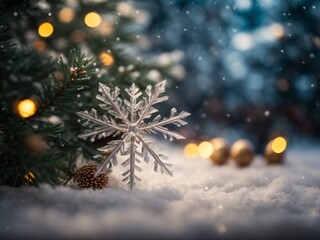 Fototapeta na wymiar Christmas Tree Branch with Snowflakes Illuminated at Night